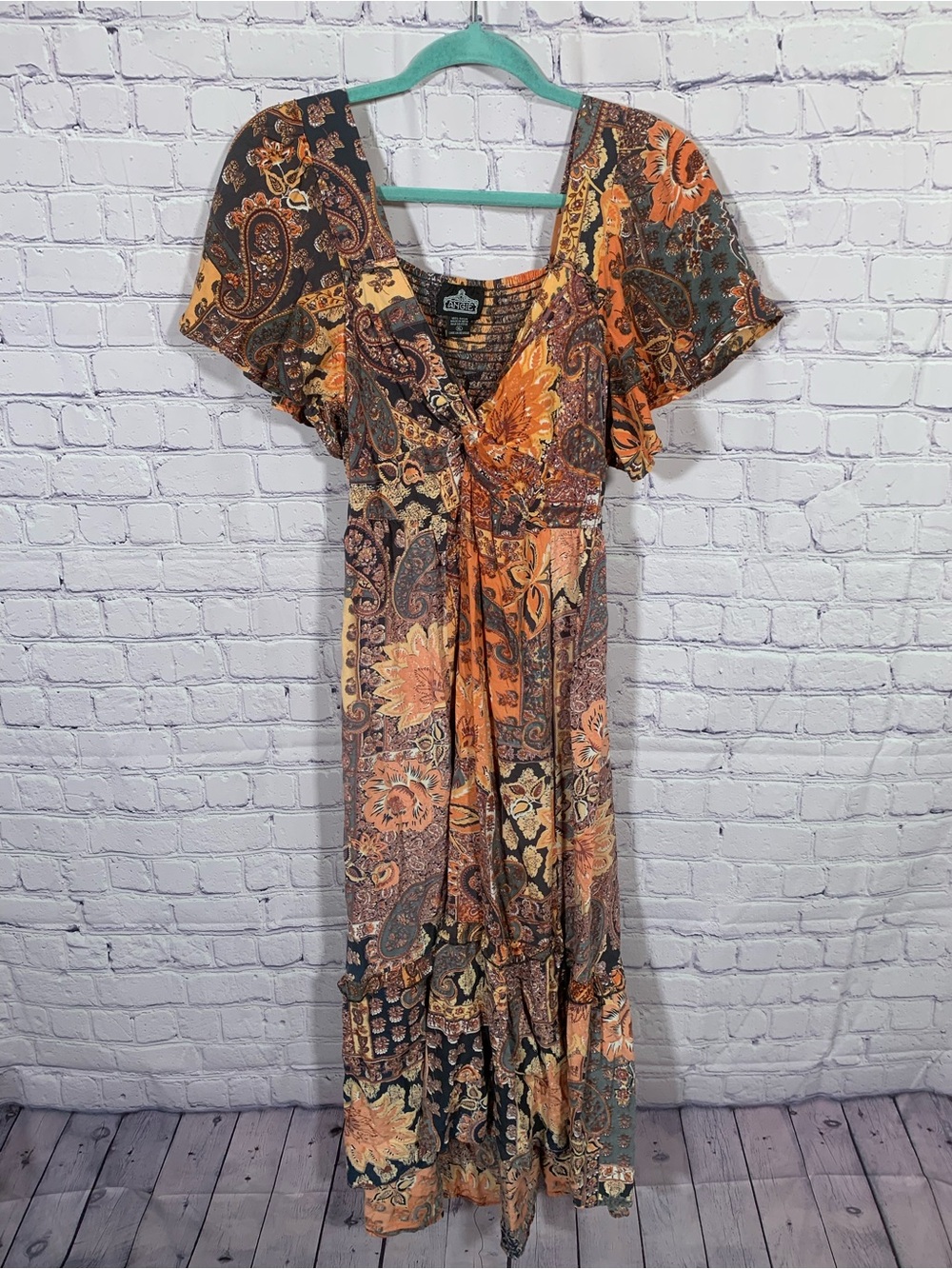 Angie Womens Patchwork Babydoll Maxi Dress Orange Brown Size XL Boho Casual